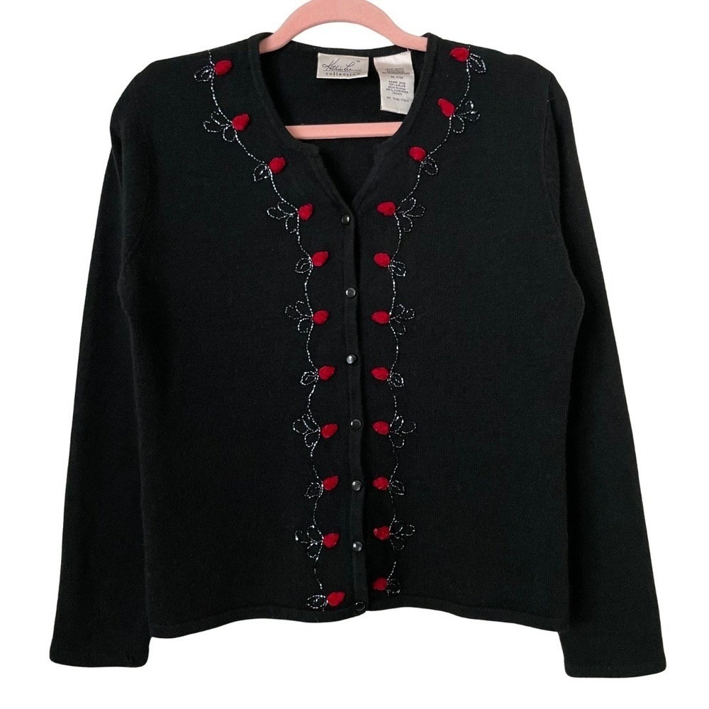 Vintage Kathie Lee‎ Cardigan Womens Small Black Beaded Rose Fairygoth Whimsigoth